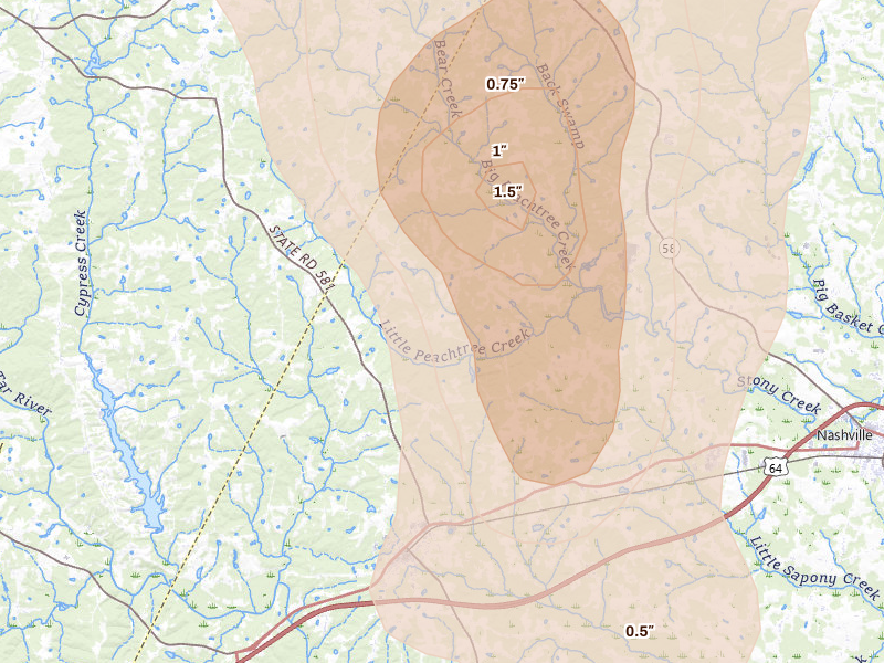 Radar-estimated hail-size map of the storm over Spring Hope, NC on Sep 4, 2026
