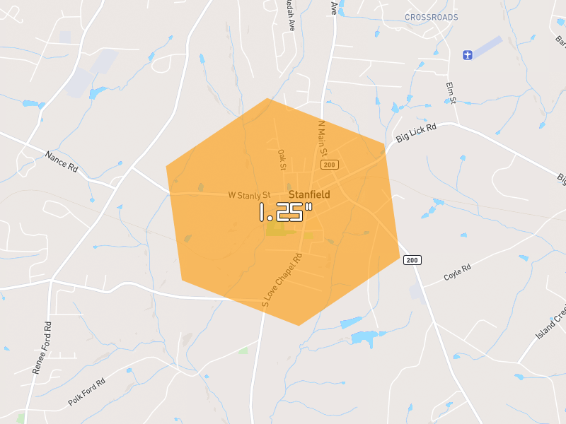 Hail map of Stanfield, NC on Jul 5, 2026, hail up to 1.25"