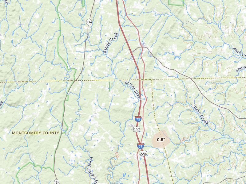 Radar-estimated hail-size map of the storm over Star, NC on Jun 26, 2026