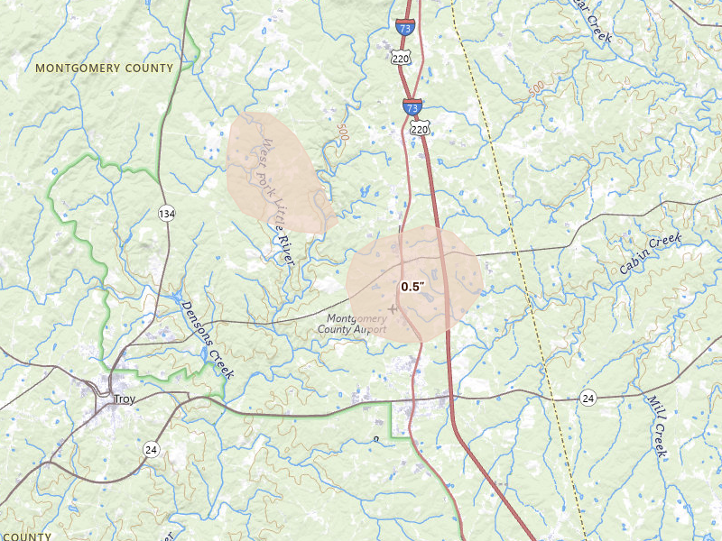 Radar-estimated hail-size map of the storm over Star, NC on Aug 28, 2026