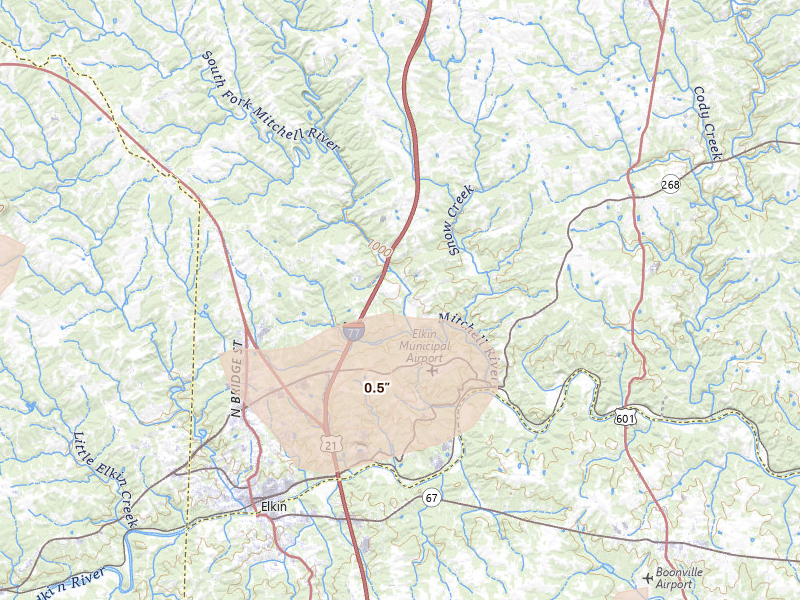 Radar-estimated hail-size map of the storm over State Road, NC on Jul 18, 2026