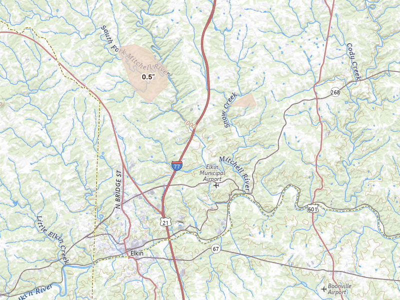 Radar-estimated hail-size map of the storm over State Road, NC on Aug 22, 2026
