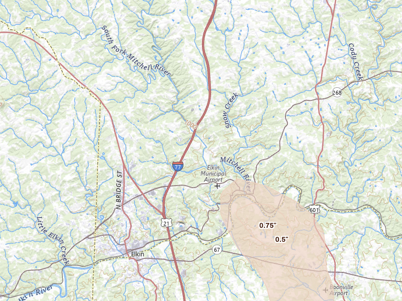 Radar-estimated hail-size map of the storm over State Road, NC
