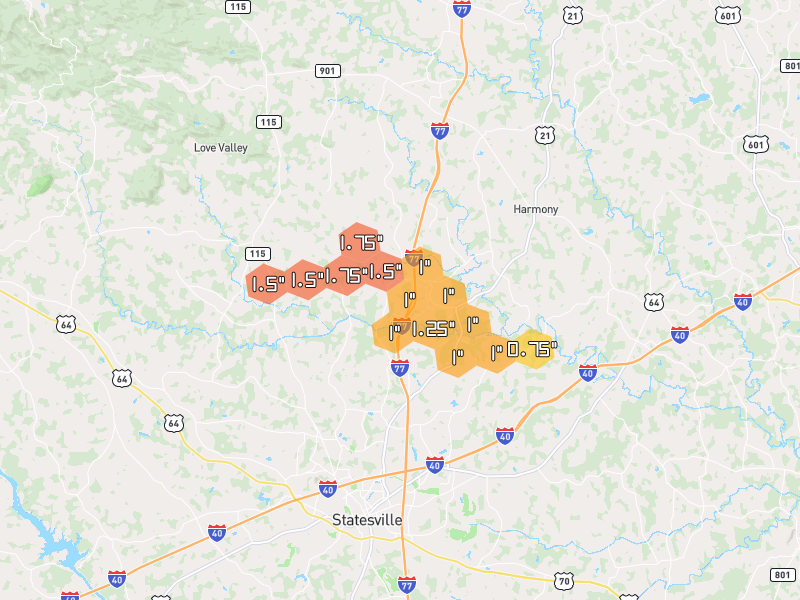 Hail map of Statesville, NC on Jun 27, 2026, hail up to 1.75"