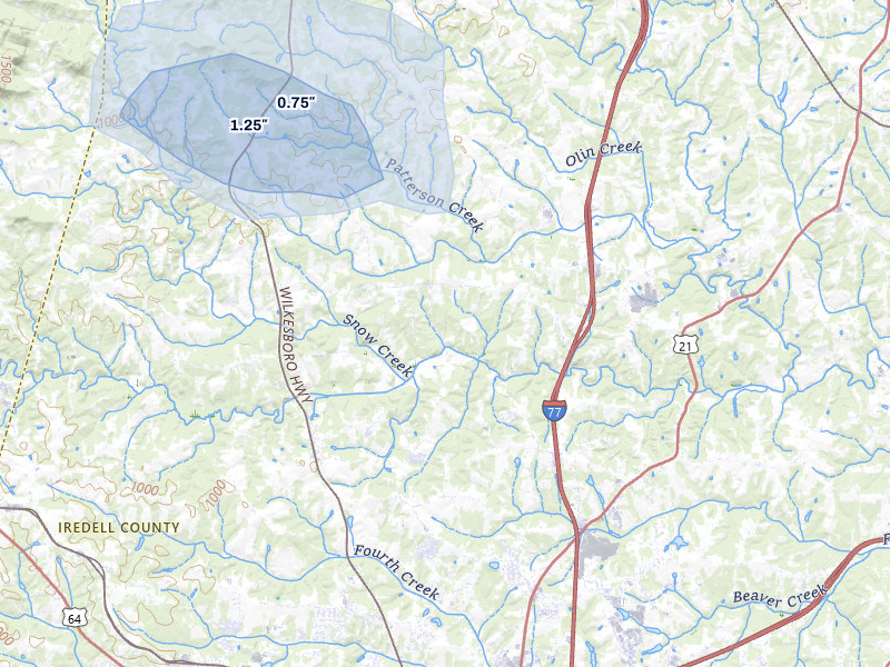 NEXRAD radar-signature map of the hail storm over Statesville, NC on Aug 14, 2026
