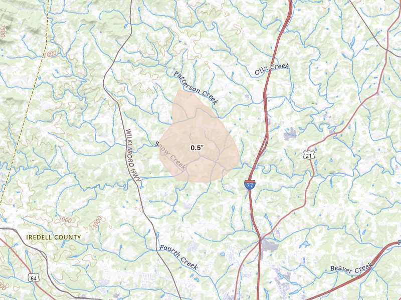 Radar-estimated hail-size map of the storm over Statesville, NC on Aug 16, 2026