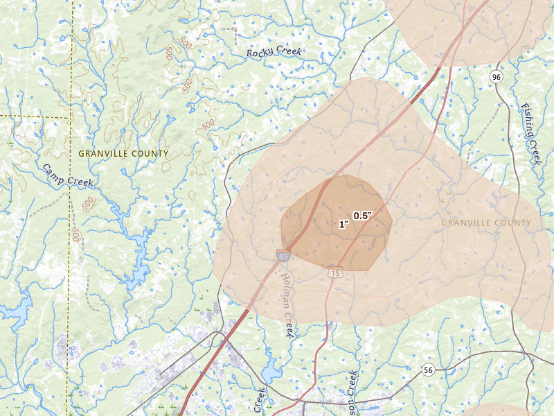 Radar-estimated hail-size map of the storm over Stem, NC on Jul 19, 2026