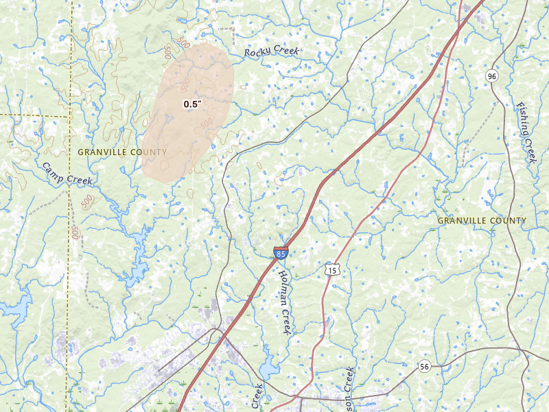 Radar-estimated hail-size map of the storm over Stem, NC on Aug 6, 2026