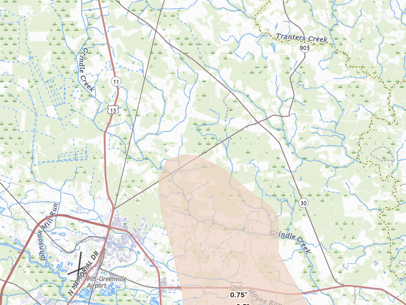 Radar-estimated hail-size map of the storm over Stokes, NC on Jul 8, 2026