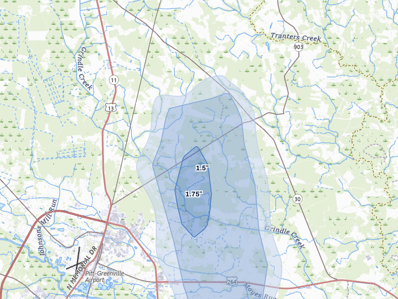 NEXRAD radar-signature map of the hail storm over Stokes, NC on Jul 8, 2026