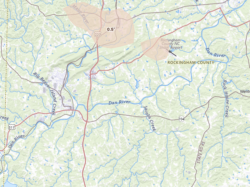 Radar-estimated hail-size map of the storm over Stoneville, NC on Apr 29, 2026