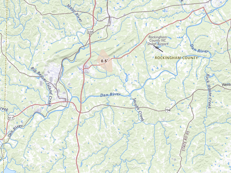 Radar-estimated hail-size map of the storm over Stoneville, NC on Jun 28, 2026