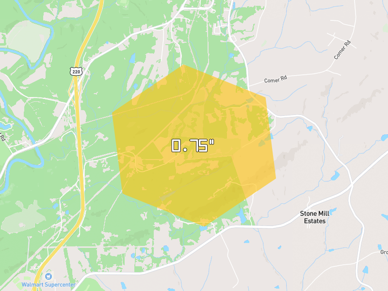 Hail map of Stoneville, NC on Jun 28, 2026, hail up to 0.75"