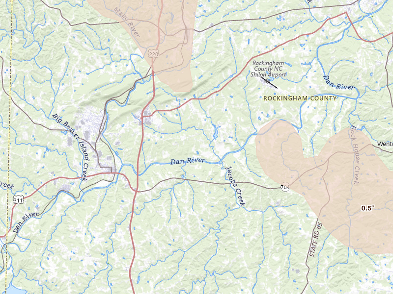 Radar-estimated hail-size map of the storm over Stoneville, NC on Jul 28, 2026