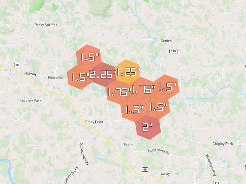 Hail map of Stony Point, NC on Jul 28, 2026, hail up to 2.25"