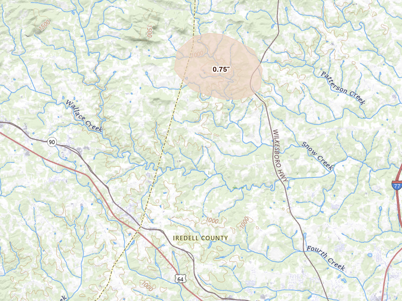 Radar-estimated hail-size map of the storm over Stony Point, NC on Aug 11, 2026
