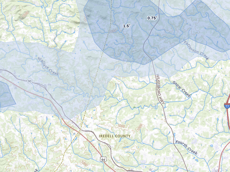 NEXRAD radar-signature map of the hail storm over Stony Point, NC on Aug 11, 2026