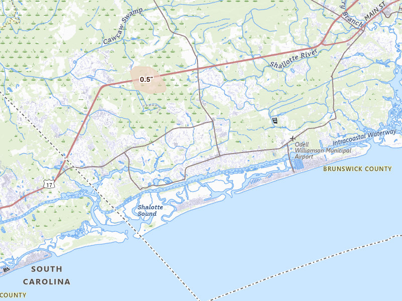Radar-estimated hail-size map of the storm over Sunset Beach, NC on Aug 15, 2026