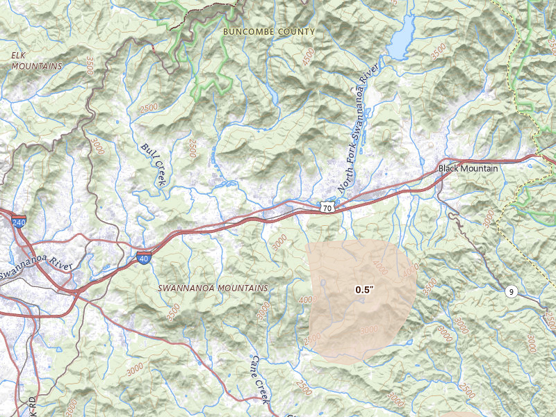 Radar-estimated hail-size map of the storm over Swannanoa, NC on Aug 17, 2026