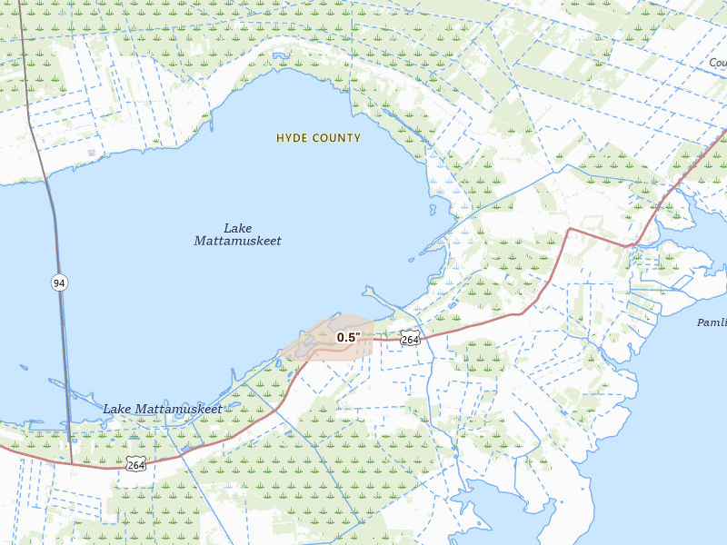Radar-estimated hail-size map of the storm over Swanquarter, NC on Jul 10, 2026
