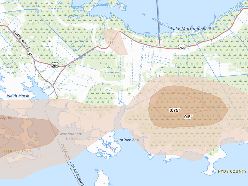 Radar-estimated hail-size map of the storm over Swanquarter, NC