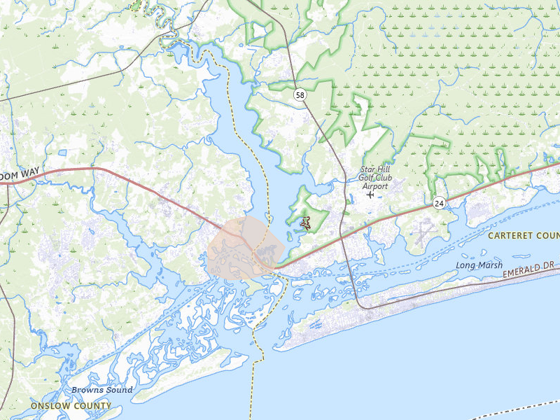 Radar-estimated hail-size map of the storm over Swansboro, NC on Jul 8, 2026