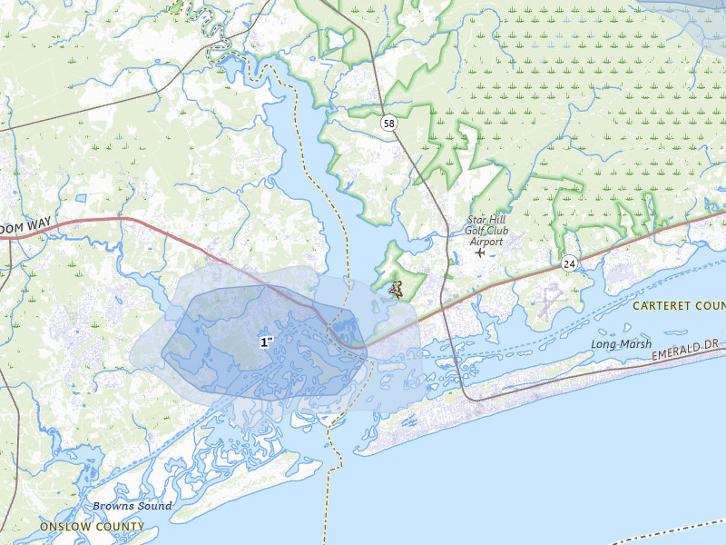 NEXRAD radar-signature map of the hail storm over Swansboro, NC on Jul 8, 2026