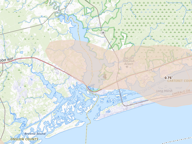 Radar-estimated hail-size map of the storm over Swansboro, NC