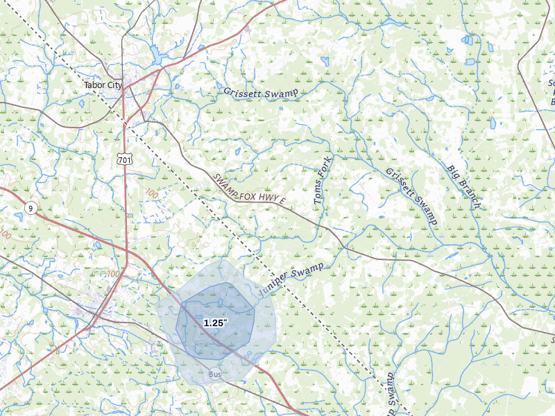 NEXRAD radar-signature map of the hail storm over Tabor City, NC on Jun 26, 2026