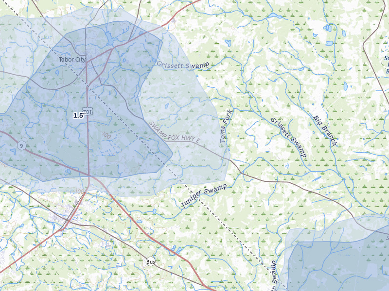 NEXRAD radar-signature map of the hail storm over Tabor City, NC on Jul 11, 2026