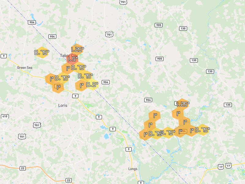 Hail map of Tabor City, NC on Jul 11, 2026, hail up to 1.5"