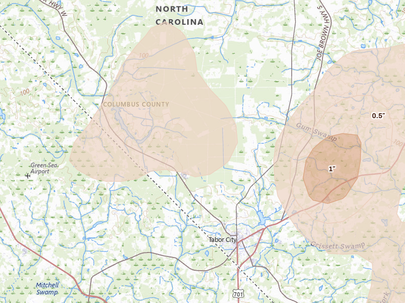 Radar-estimated hail-size map of the storm over Tabor City, NC on Aug 21, 2026