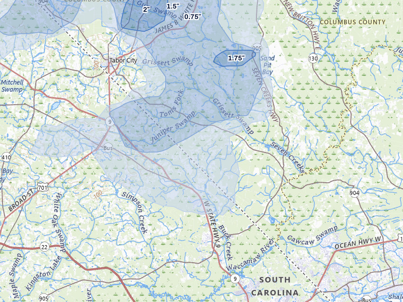 NEXRAD radar-signature map of the hail storm over Tabor City, NC on Aug 21, 2026