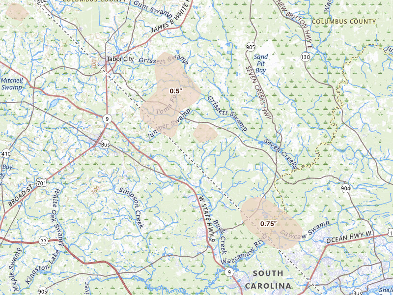 Radar-estimated hail-size map of the storm over Tabor City, NC on Sep 5, 2026
