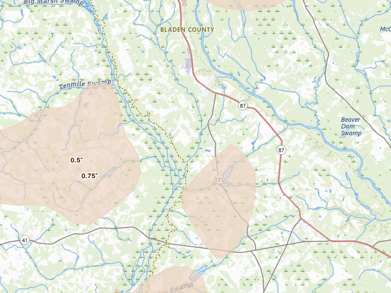 Radar-estimated hail-size map of the storm over Tar Heel, NC on Aug 21, 2026