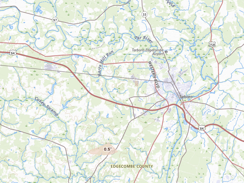 Radar-estimated hail-size map of the storm over Tarboro, NC on Jun 27, 2026