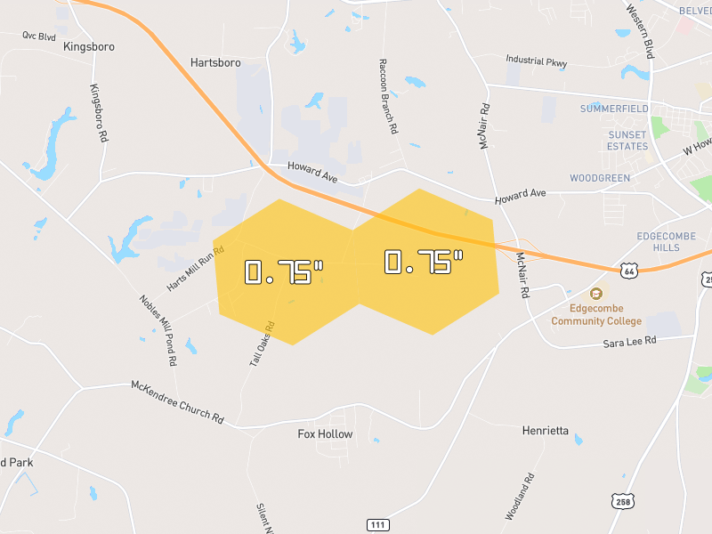 Hail map of Tarboro, NC on Jun 27, 2026, hail up to 0.75"