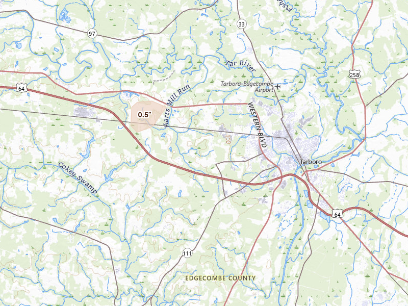 Radar-estimated hail-size map of the storm over Tarboro, NC on Jul 20, 2026