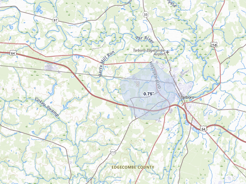 NEXRAD radar-signature map of the hail storm over Tarboro, NC on Jul 28, 2026