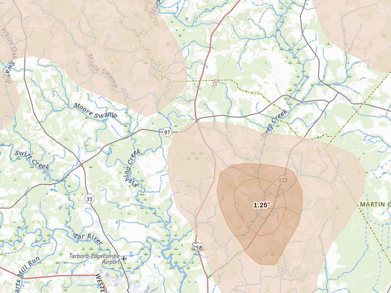 Radar-estimated hail-size map of the storm over Tarboro, NC