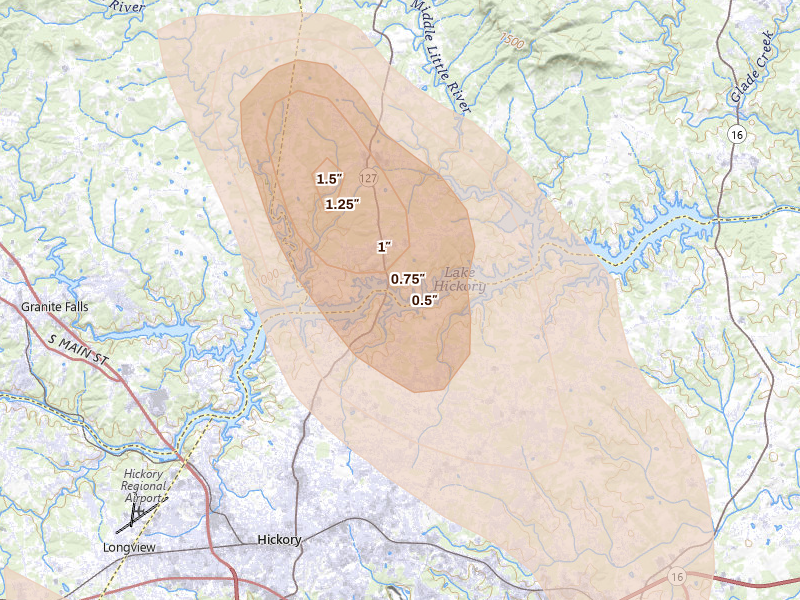 Radar-estimated hail-size map of the storm over Taylorsville, NC on Jul 28, 2026