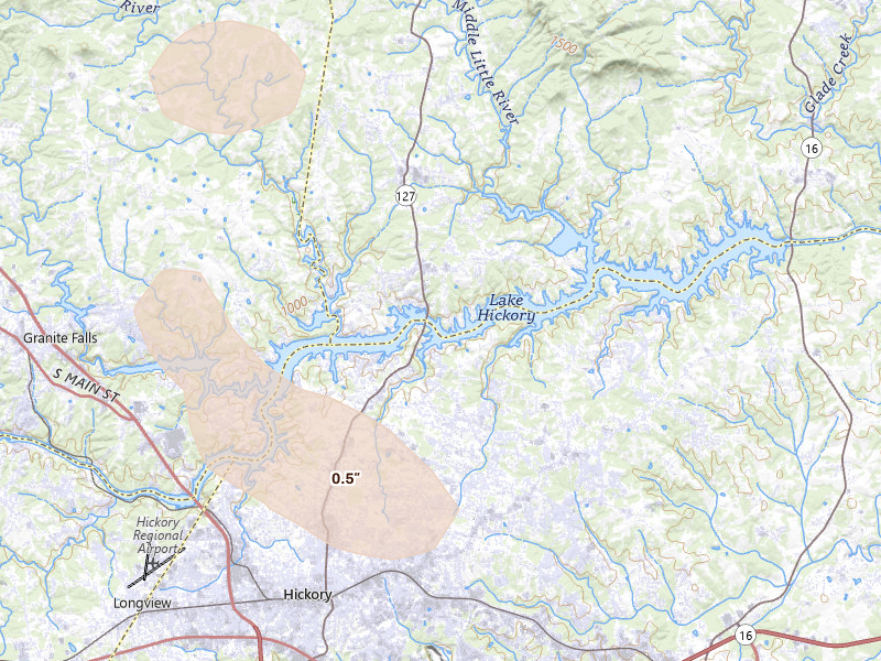 Radar-estimated hail-size map of the storm over Taylorsville, NC on Aug 17, 2026