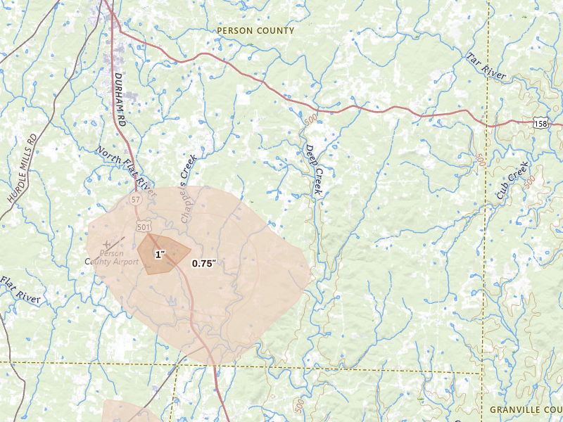 Radar-estimated hail-size map of the storm over Timberlake, NC