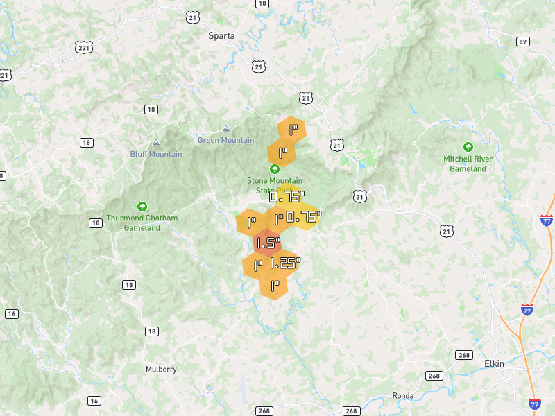 Hail map of Traphill, NC on Jul 4, 2026, hail up to 1.5"