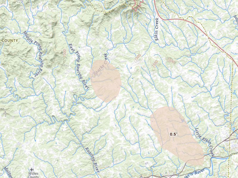 Radar-estimated hail-size map of the storm over Traphill, NC on Aug 15, 2026