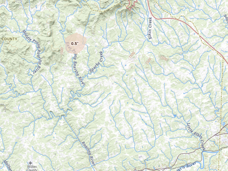 Radar-estimated hail-size map of the storm over Traphill, NC on Aug 27, 2026