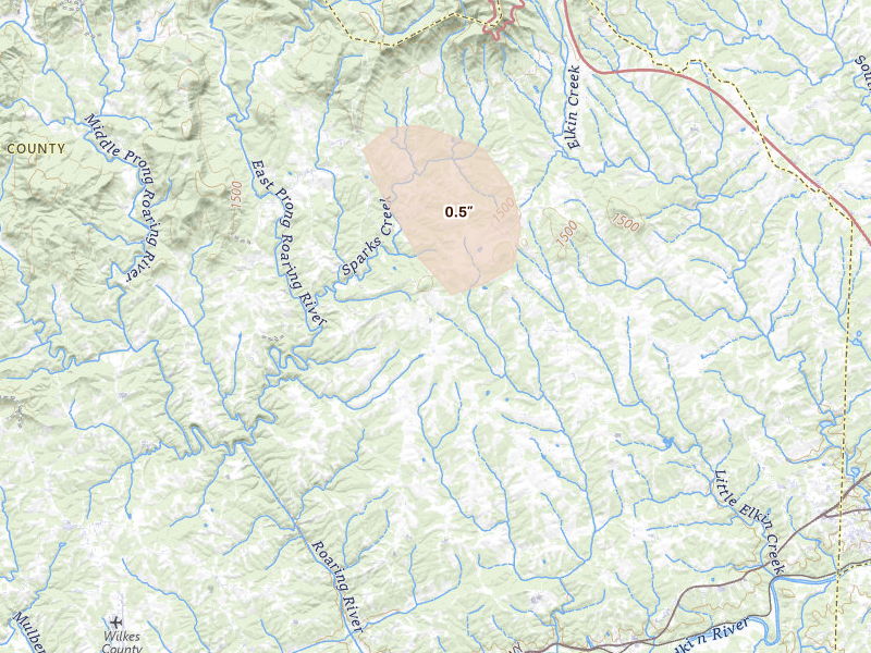 Radar-estimated hail-size map of the storm over Traphill, NC on Sep 4, 2026