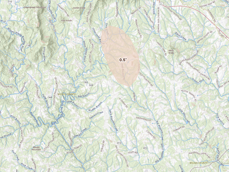 Radar-estimated hail-size map of the storm over Traphill, NC