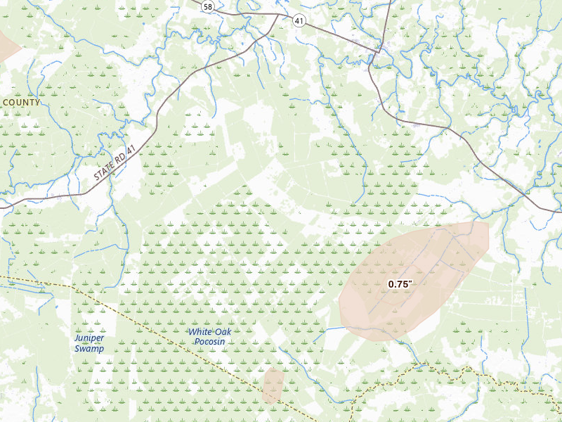 Radar-estimated hail-size map of the storm over Trenton, NC on Jul 6, 2026
