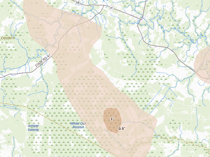 Radar-estimated hail-size map of the storm over Trenton, NC on Jul 8, 2026